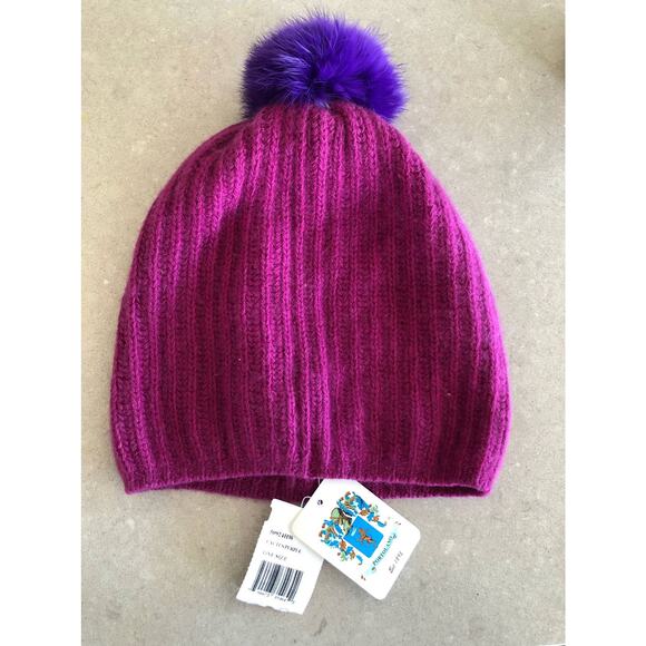 Portolano Cashmere/Extra FineWool/ Silk Blend Beanie Rabbit Fur Pom in Purple-OS - Picture 2 of 4